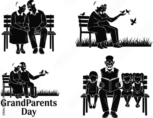 Grandparents day vector art of silhouette illustrations of grandparents and grandchildren sharing moments of love and connection on grandparents day, isolated on white background vector bundle