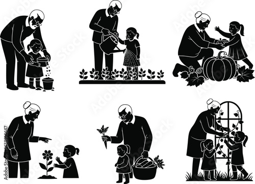 Grandparents day vector art of illustrations of grandparents and children gardening together, isolated on white background, showing intergenerational bonding vector bundle