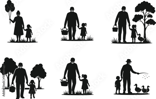 Grandparents day vector art of silhouette of a father and daughter walking in nature, feeding ducks isolated on white background vector bundle