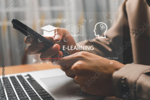 E-learning education, video tutorial, internet lessons and online course application, Businessman or learner using online lessons via laptop on digital screen.