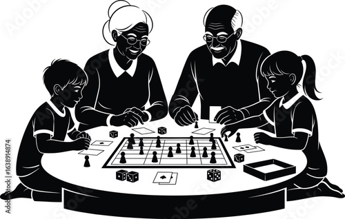 Grandparents day vector art of a family playing a board game together, isolated on white background, creating a joyful moment of connection and fun vector bundle