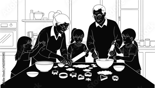 Grandparents day vector art of silhouette of grandparents baking cookies with grandchildren in the kitchen, creating sweet memories and fostering family togetherness vector bundle