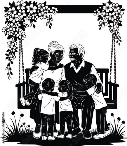 Grandparents day vector art of silhouette of grandparents with grandchildren on a swing isolated on white background, symbolizing family love and togetherness vector bundle