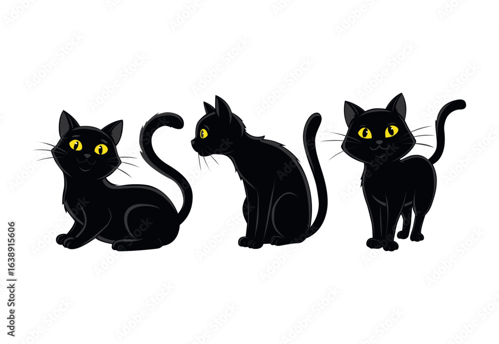 Obraz premium Three black cats sitting in different poses