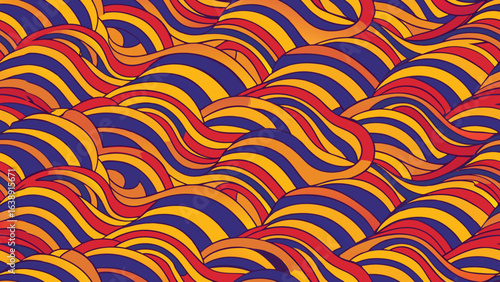 Abstract wavy lines pattern in red orange yellow and blue background