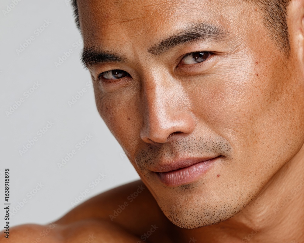 Obraz premium Authentic Close-Up Portrait of Confident Asian Millennial Man with Clear Skin Premium Modern Lifestyle Content for Social Media and Marketing Campaigns