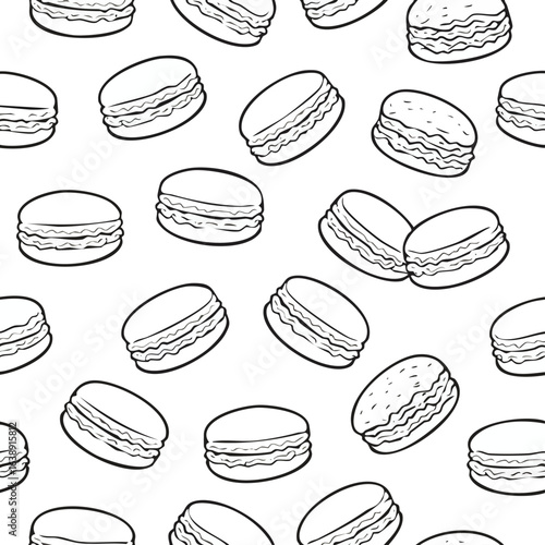 Black and white outline pattern of French macarons scattered on a white background