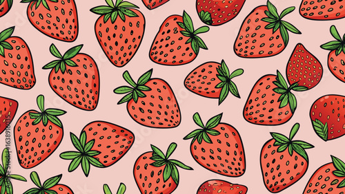 Red strawberries with green leaves scattered on a light pink background strawberry
