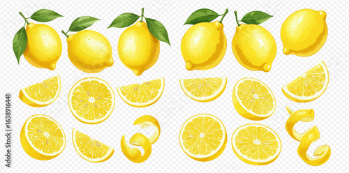 A collection of realistic illustrated lemons, including whole fruits with leaves, slices, halves, and peels on a transparent background.