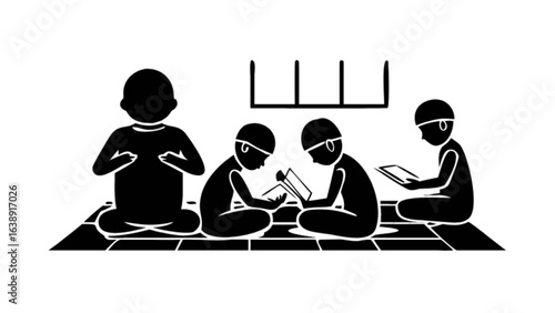 A teacher is teaching students in a classroom, they are reading books and studying, isolated on white background