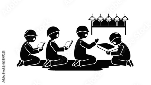 People praying in a mosque, a group of muslims in worship, a religious ceremony, a spiritual gathering isolated on white background