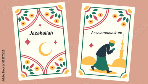 Islamic greeting cards featuring jazakallah and assalamualaikum, depicting a man in prayer and a mosque, perfect for ramadan and eid