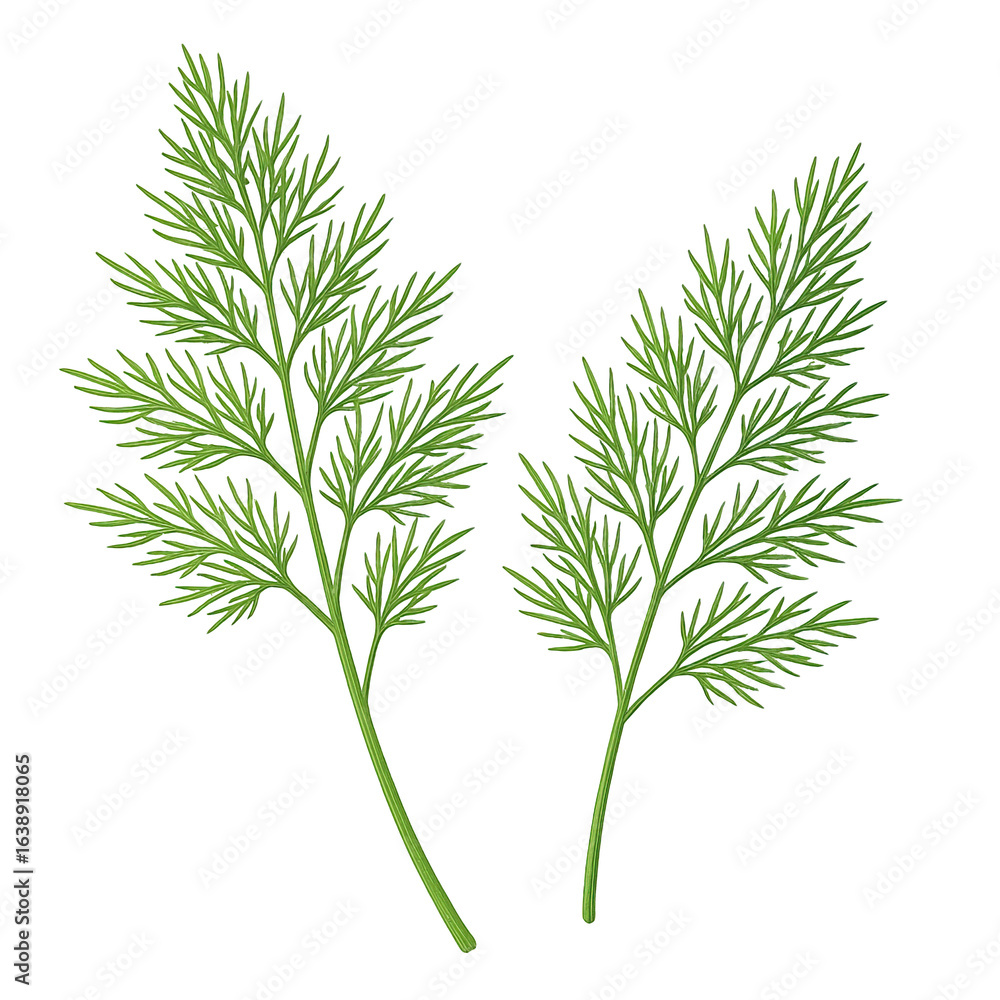 Fototapeta premium Two delicate green dill sprigs with feathery leaves, isolated on a dark background, showcasing natural beauty and freshness.