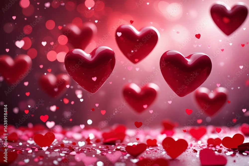 Romantic hearts float in dreamy bokeh light