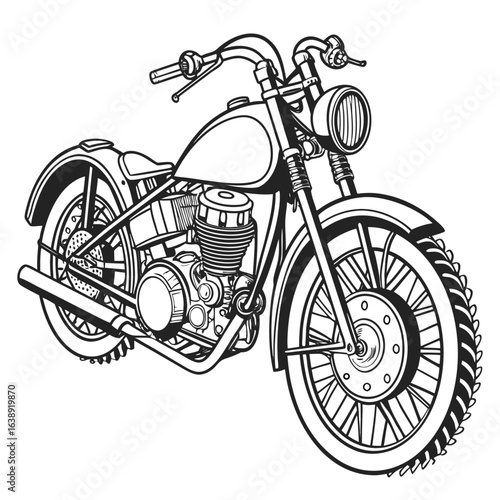 Vintage bobber motorcycle with springer fork, vector line art