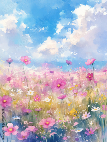 水彩調のコスモスの花の風景イラスト