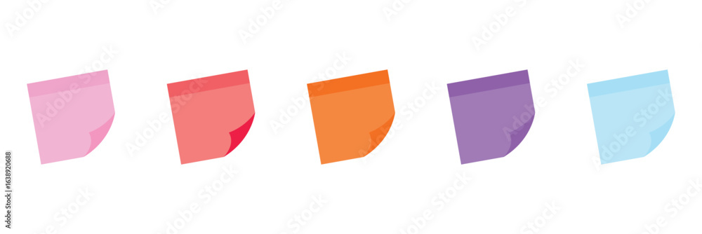 Multicolor post it notes isolated on white background. Colored sticky note set. Vector realistic illustration. Sticky note collection with curled corners and shadows.