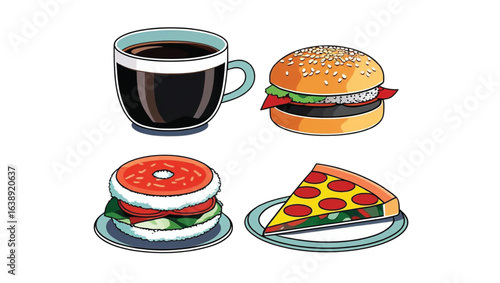 A variety of food on a plate, including a cup of coffee, a burger, a sandwich, and a pizza slice, offers a satisfying meal ai generate 