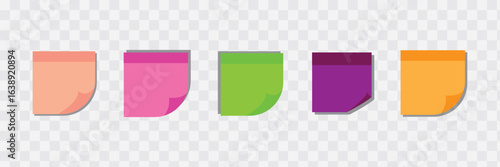 Set of Multi-colored square sticky notes. Blank sticky note sheets collection. Multicolor post it notes isolated on transparent background. Green, pink, purple, orange colors..