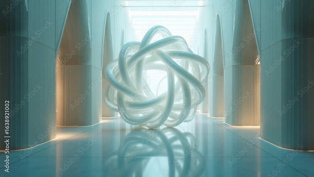 Obraz premium A glowing, interwoven spherical sculpture rests on a reflective floor in a futuristic, minimalist hallway.