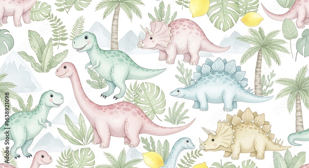 Obraz premium Pastel Dinosaurs Tropical Watercolor Seamless Pattern