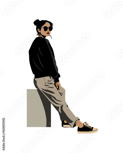 Detailed flat vector people and illustration, woman with casual outfit