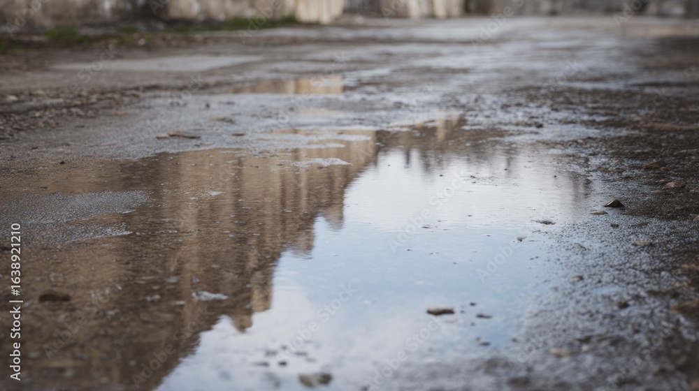 Reflections in a Puddle: Glimpses of Buildings and Sky in Calm Water Reflections in a Puddle: Glimpses of Buildings and Sky in Calm Water