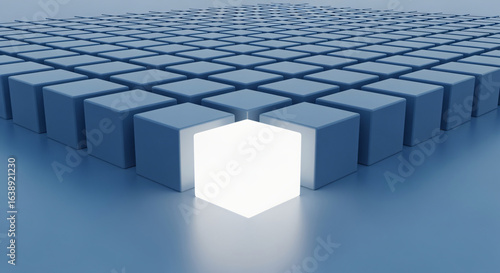A single glowing white cube stands out among many identical blue cubes, symbolizing uniqueness and innovation.