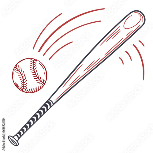 Baseball Bat and Ball Vector Illustration, Black and White Line Drawing


