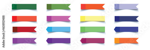 Set of long thin paper stickers. Pointed bookmarks. Stick in notes. Green, purple, blue, red, yellow, orange, green and blue, red colors. Multicolor post it notes. Sheets of paper. Tag, sticky note.