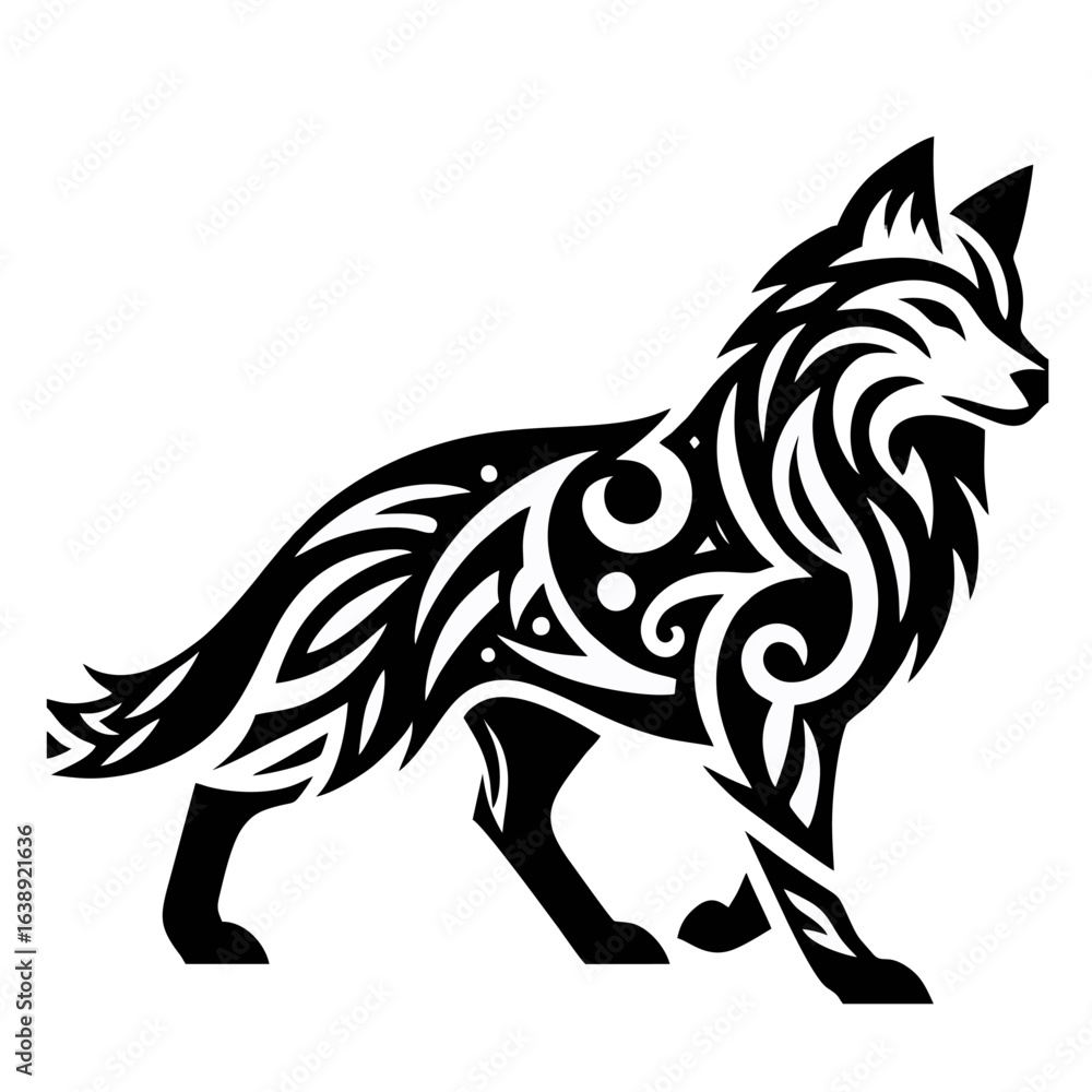 Fototapeta premium Wolf Tribal Tattoo Illustration in Black and White
