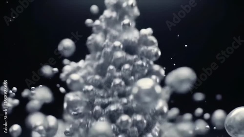 Ultra-realistic silver ink droplets dispersing in mid-air, forming abstract fluid shapes with soft spotlight lighting. Elegant and unique design for artistic and luxury backgrounds.
