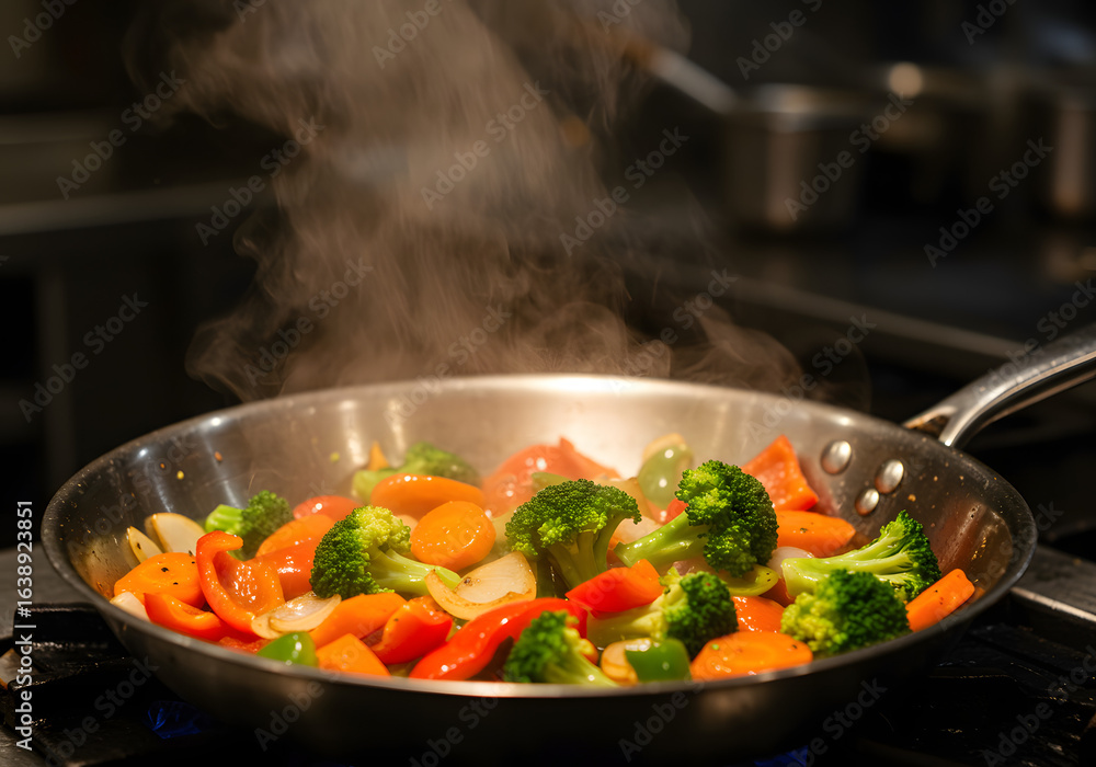 Steaming Vegetables in a Pan Fresh Broccoli, Carrots, Peppers Cooking on a Stove in a Kitchen. Steaming Vegetables in a Pan Fresh Broccoli, Carrots, Peppers Cooking on a Stove in a Kitchen.