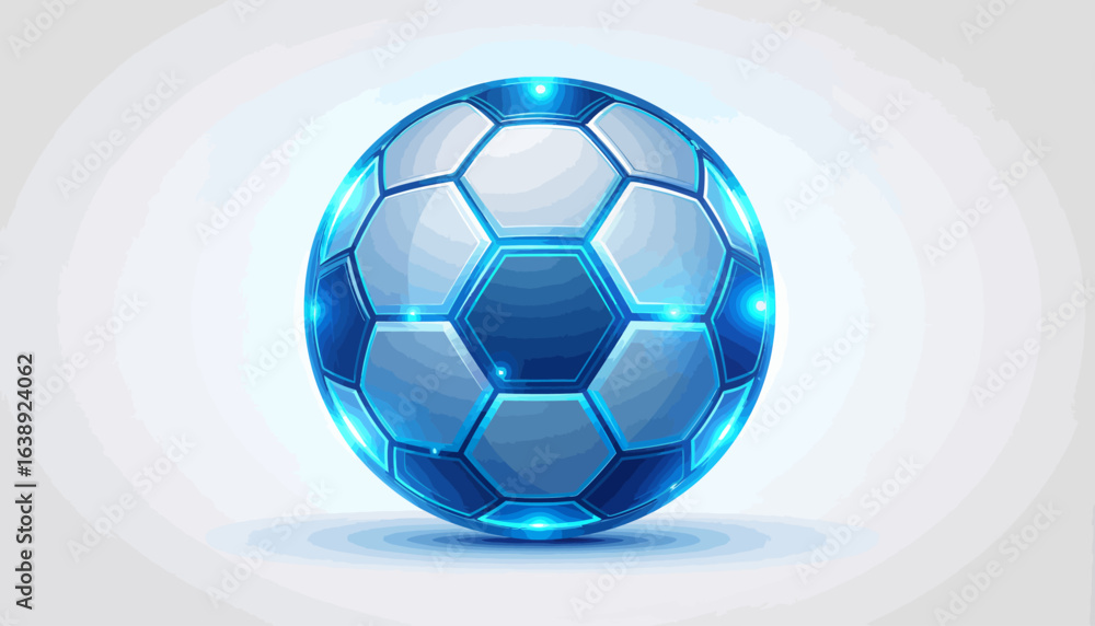 Obraz premium A blue and white soccer ball with glowing highlights, depicted in a digital illustration.