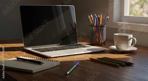 A sunlit wooden desk with an open laptop, a steaming cup of coffee, and stationery.