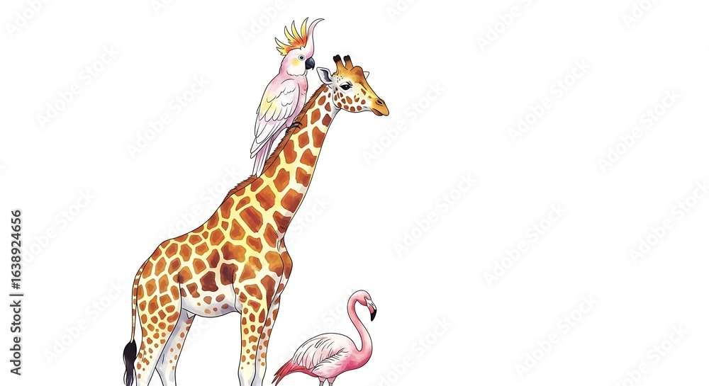 Obraz premium Whimsical Illustration of a Giraffe, Parrot, and Flamingo on White Background