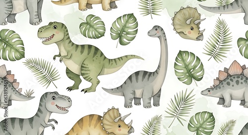 Fototapeta Naklejka Na Ścianę i Meble -  Whimsical Dinosaur Pattern with Tropical Leaves on White Background, Featuring T-Rex, Triceratops, Stegosaurus, and Brachiosaurus