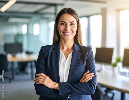 Smiling businesswoman in a modern office, arms crossed, confident pose