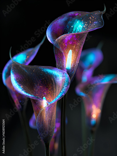 Iridescent Magic Realism Calla Lilies Glowing in the Dark