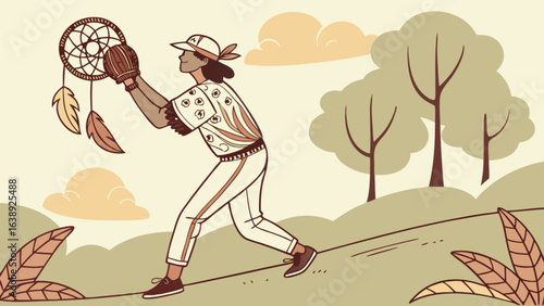 Dream catcher baseball player catching dreams in nature illustration vector graphic design art