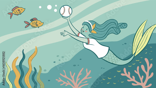 Mermaid baseball underwater ocean sea life cartoon illustration vector art graphic design aquatic fantasy art