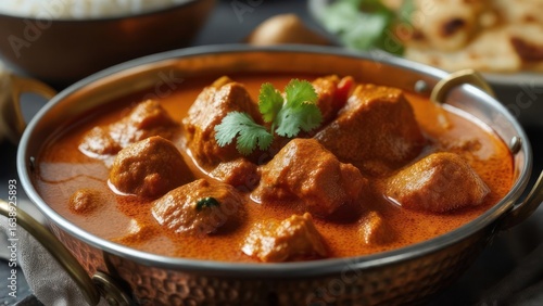 Delicious Butter Chicken Curry in Copper Bowl, Garnished with Cilantro.