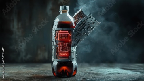 Cyberpunk Cola: A Futuristic Soda Bottle with Glowing Red Circuitry and Armored Plating