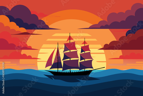 A ship sailing into the sunset at sea time