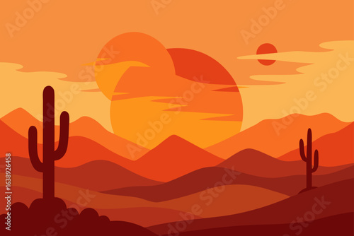 Illustration of desert landscape at sunset