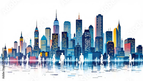 Urban scene with pedestrians strolling past towering skyscrapers, showcasing a vibrant city atmosphere.