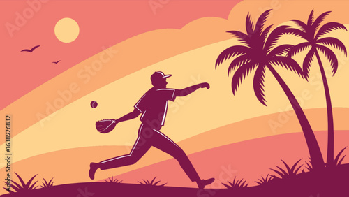 Baseball player throwing ball at sunset with palm trees vector art illustration design graphic for sports theme