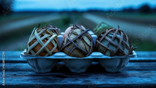 Cool Twilight Still Life of Intricately Wrapped Natural Eggs in a Carton