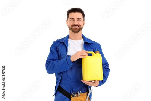 Male mechanic with canister...