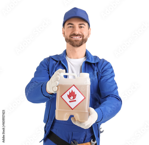Male mechanic with canister...